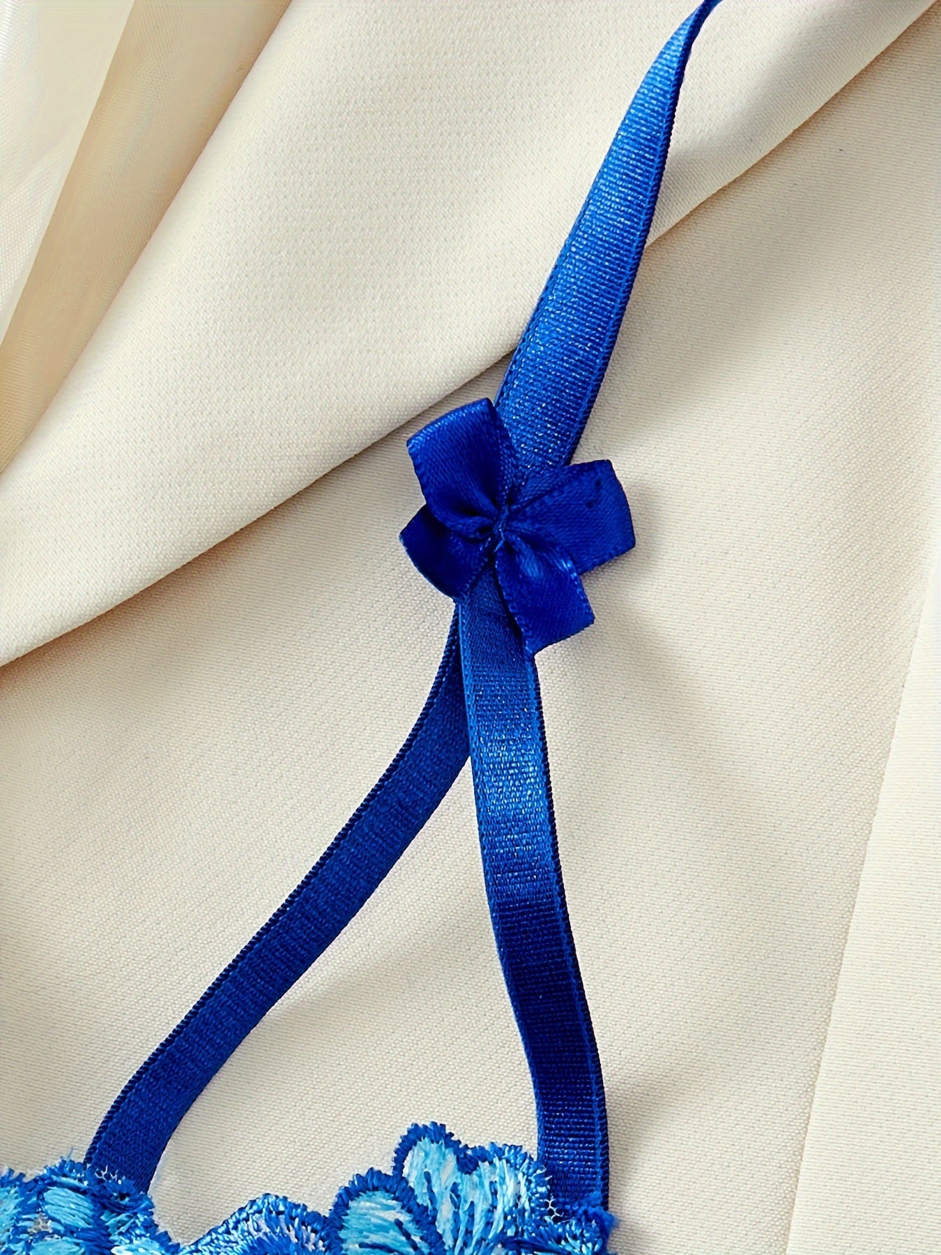 Women's Blue Floral Embroidered Lingerie Set with Sheer Mesh and Bow Details