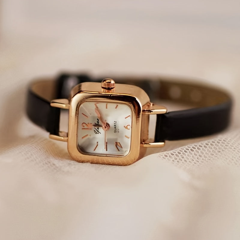 Women's Mini Square Quartz Watch with Faux Leather Strap White Dial Elegant Wristwatch