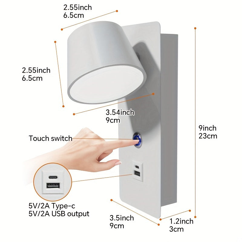 Регулируемая светодиодная настенная лампа с поворотным рычагом, регулируемой цветовой температурой, сенсорным управлением, USB-портом, для помещений, черная, белая