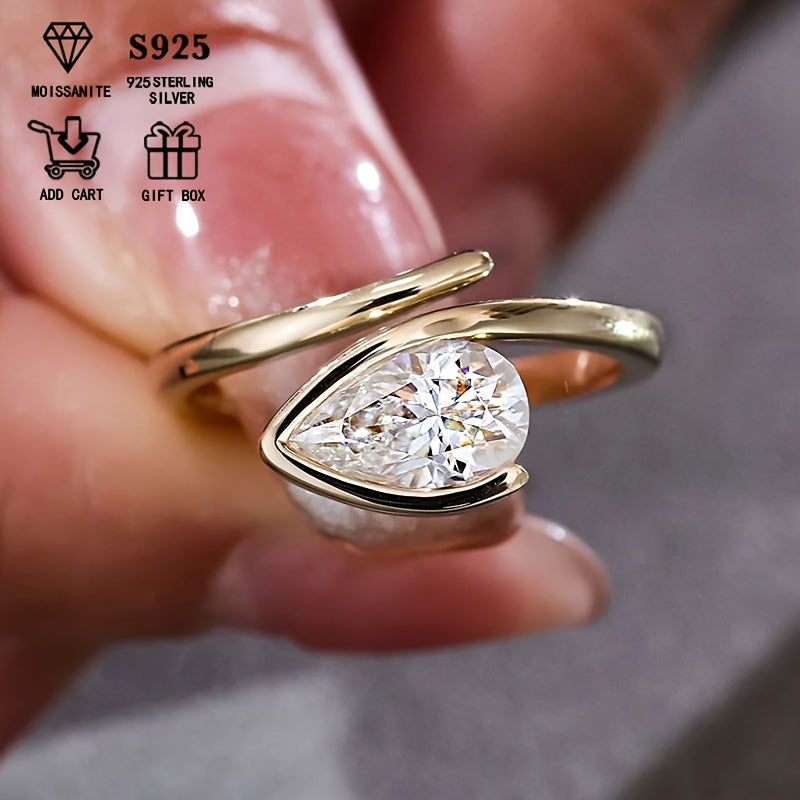 925 Silver Plated Moissanite Pear-Shaped Wedding Band for Women Adjustable Hypoallergenic Engagement Ring