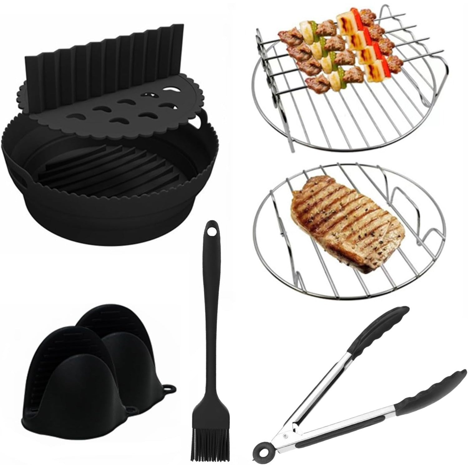 8-chiqishli Havo Fritöz uchun aksessuarlar to'plami, Silikon savat va po'lat rack bilan