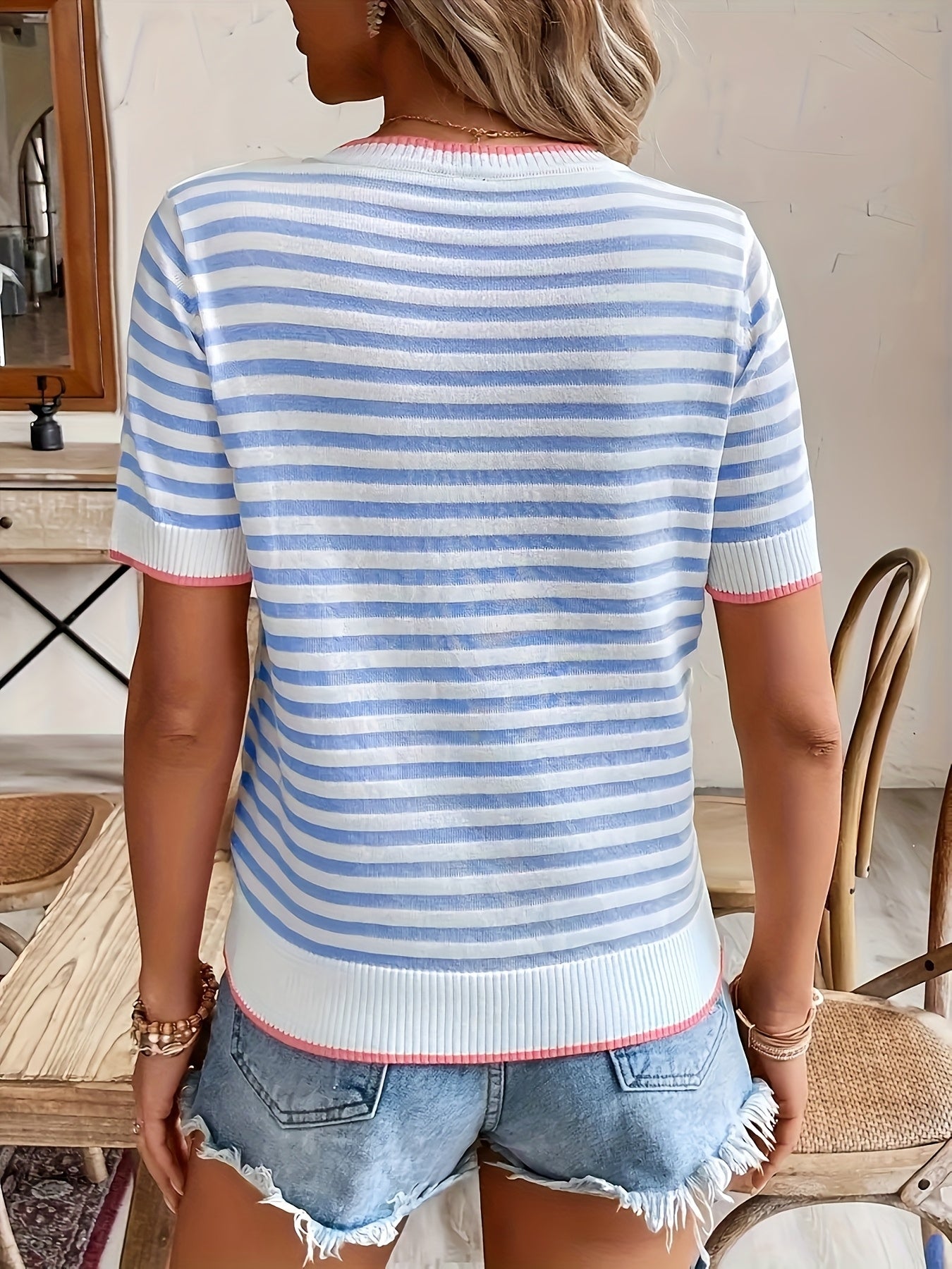 Women's Striped Acrylic Short Sleeve Top Breathable Lightweight Ribbed