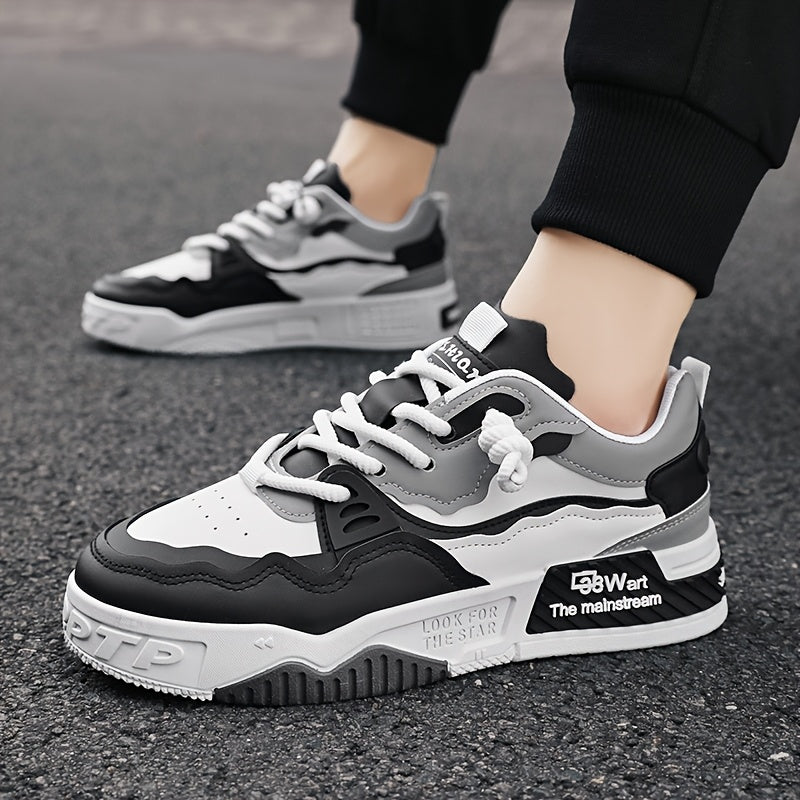 Erkaklar uchun vintage uslubidagi tasodifiy sport krossovkalari, dumaloq barmoq, bog'ichli dizayn, mato astar va barcha mavsumlarda skeytbord uchun PVC taglik.