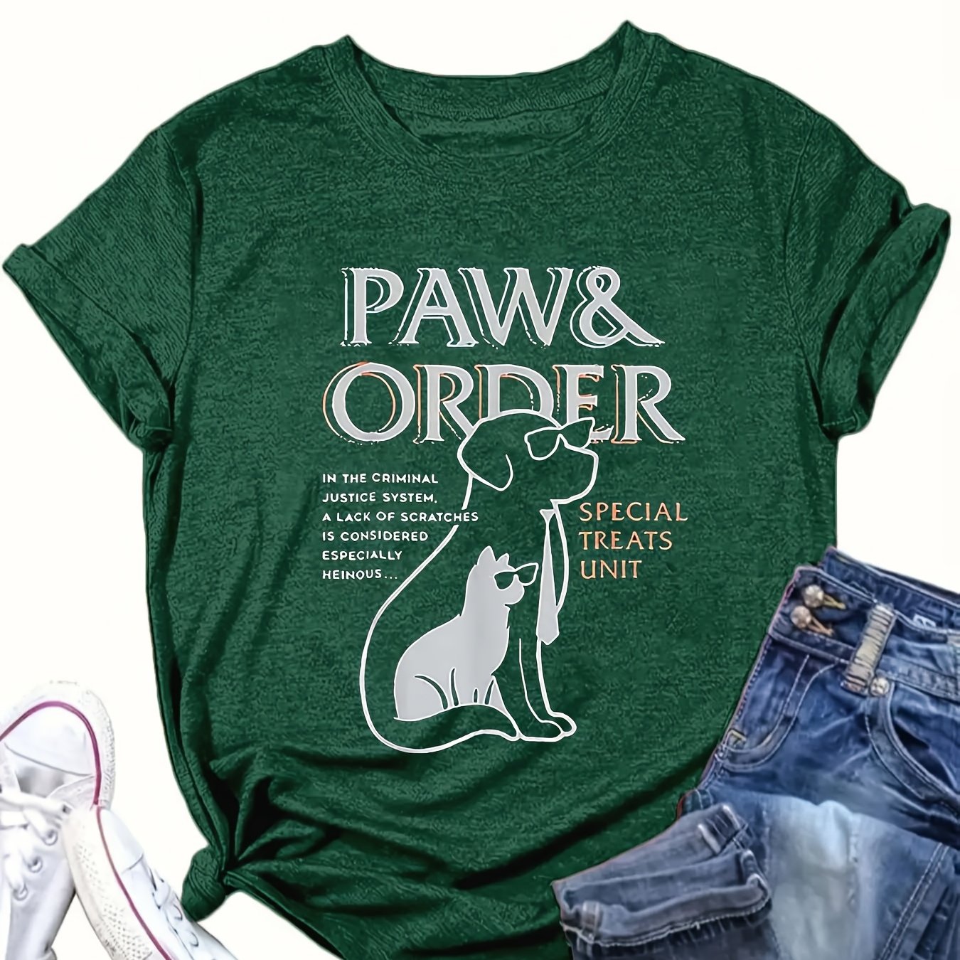 Women's Plus Size Casual T-Shirt with Paw Print Crew Neck All-Season