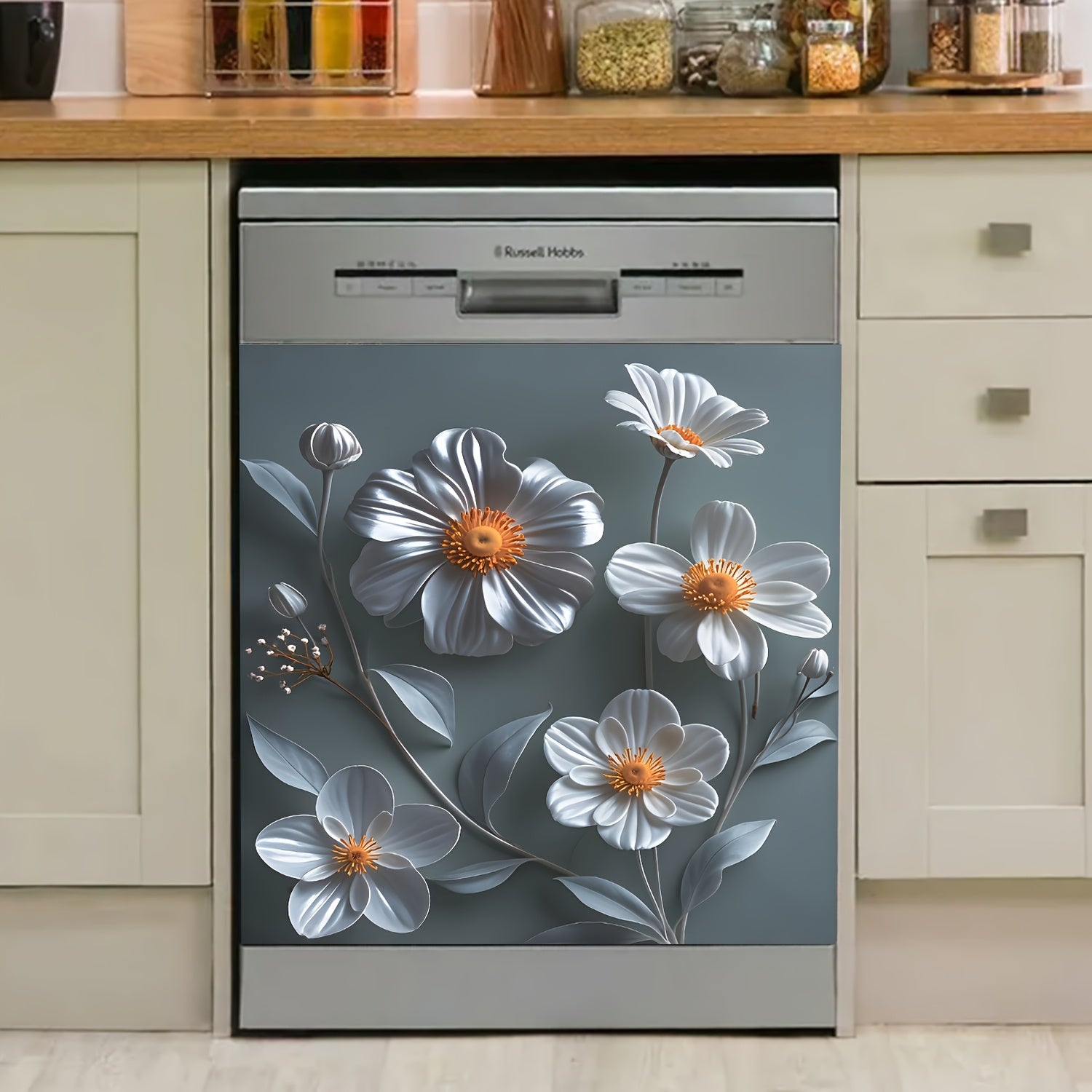 Magnitli idish-tovoq qopqog'i, qayta ishlatiladigan PVC gullar stikerlari, sovutgich shkafi uchun, oq va kulrang, daisy