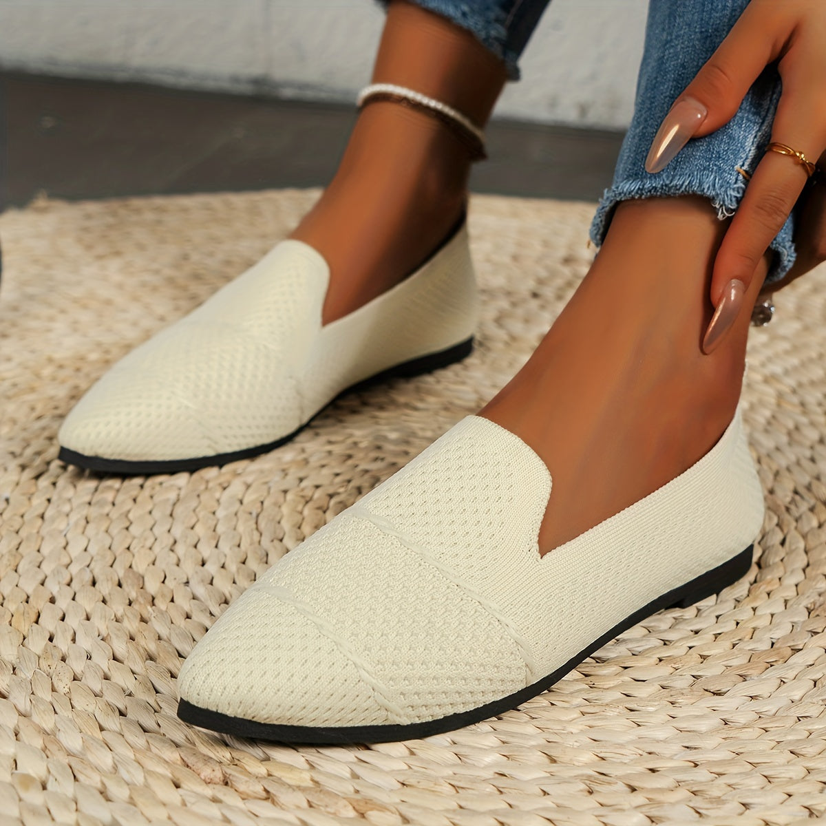 Women's Pink Slip-On Pointed Toe Flats Breathable Fabric All-Season Shoes