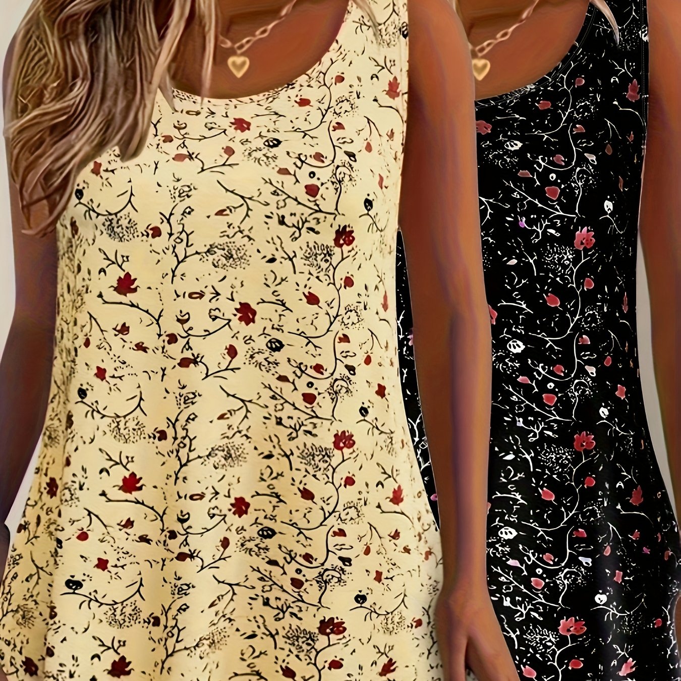 Women’s Floral Print Tank Tops 2 Pack Stretchy Polyester Summer Vests Red Blue