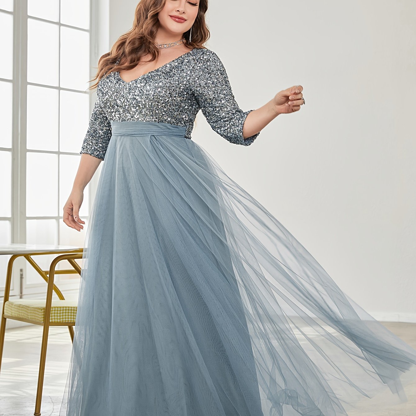 Vestido largo de novia y dama de honor con lentejuelas de talla grande, falda de tul