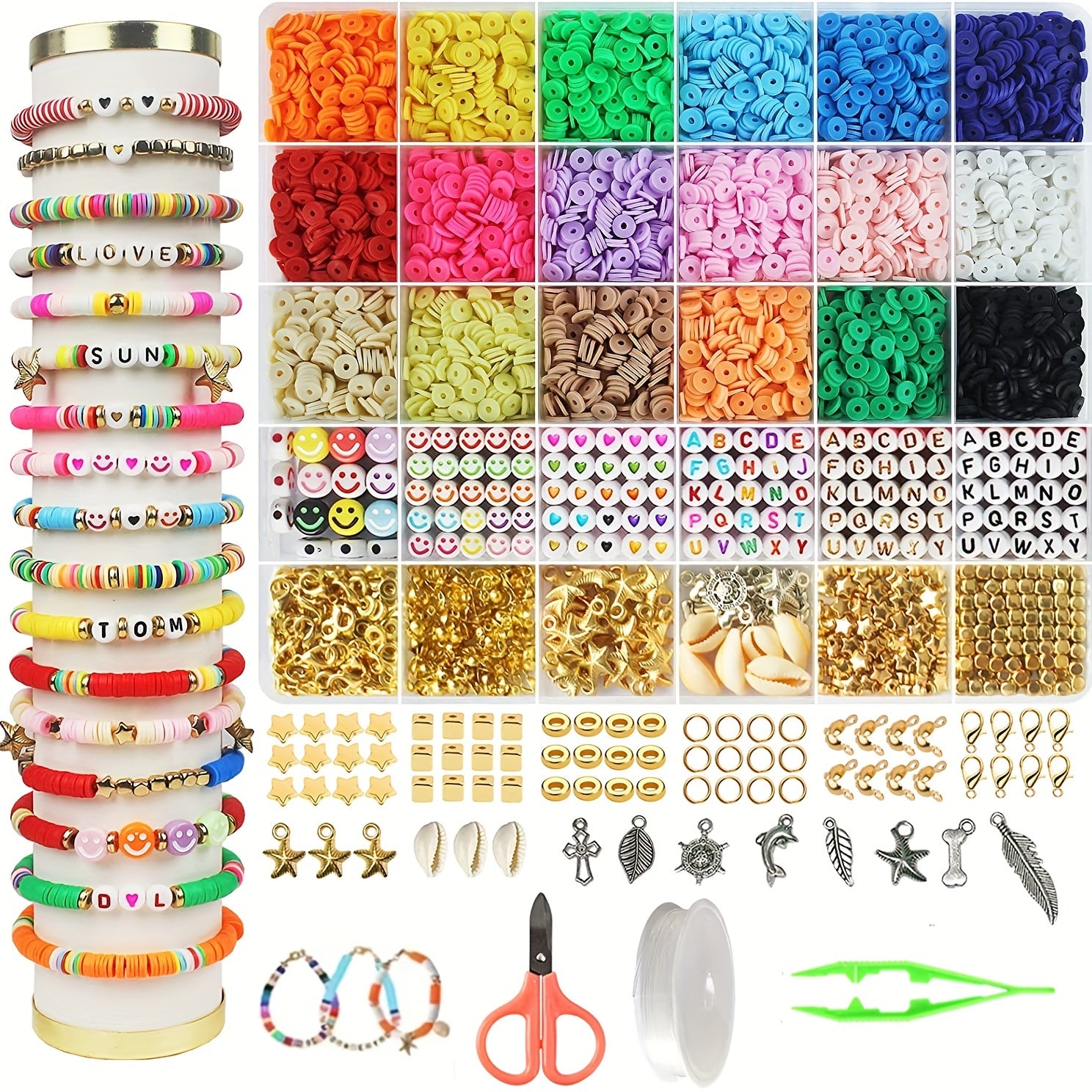 Girls Clay Bead Bracelet Kit with Spacer Flat Beads Black Stone Charms and Bungee Cord