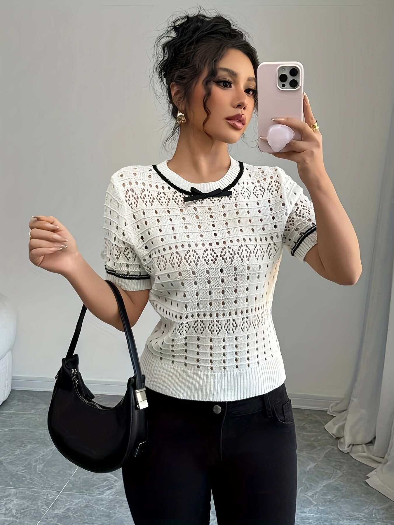 Women's Knit Summer Short Sleeve Top Round Neck Breathable Lace Pullover