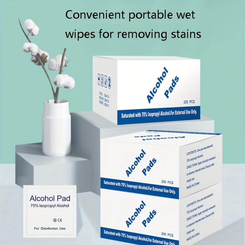 Katta bir martalik spirtli tozalash matolari - 200 dona, 75% to'ldirish, bo'yoqsiz, telefonlar, idishlar, zargarlik buyumlari va boshqalar uchun bir martalik tozalash padlari, portativ dog' tozalovchi.
