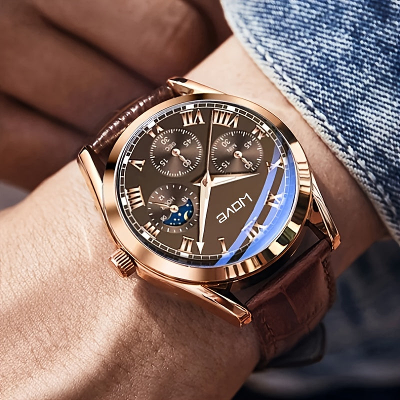 Men's Quartz Watch Business Style Round Alloy Case PU Leather Strap Non-Rechargeable Battery