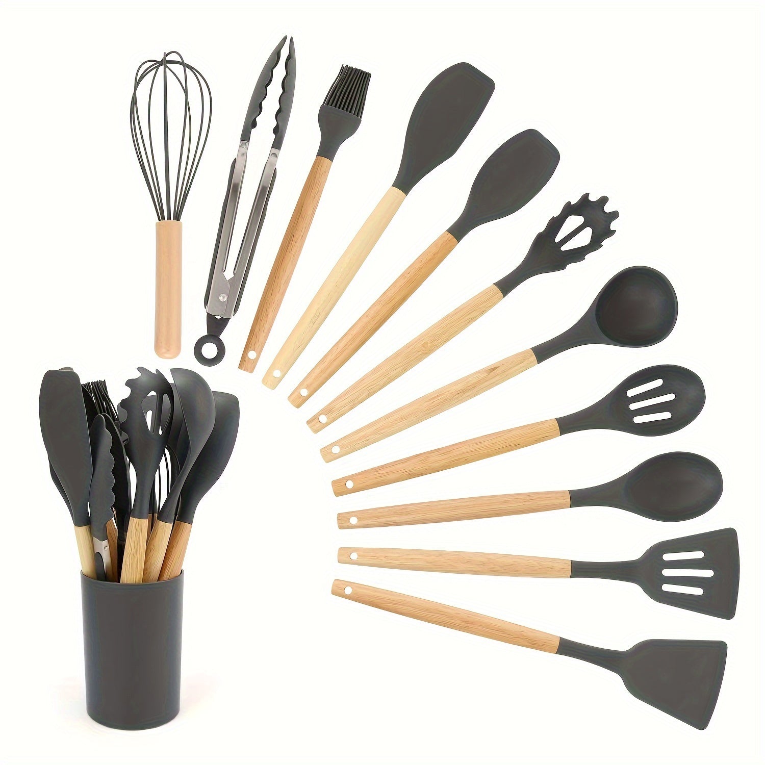 12-Piece Silicone Kitchen Utensil Set with Non-Stick Spatula and Spoon Wooden Handles