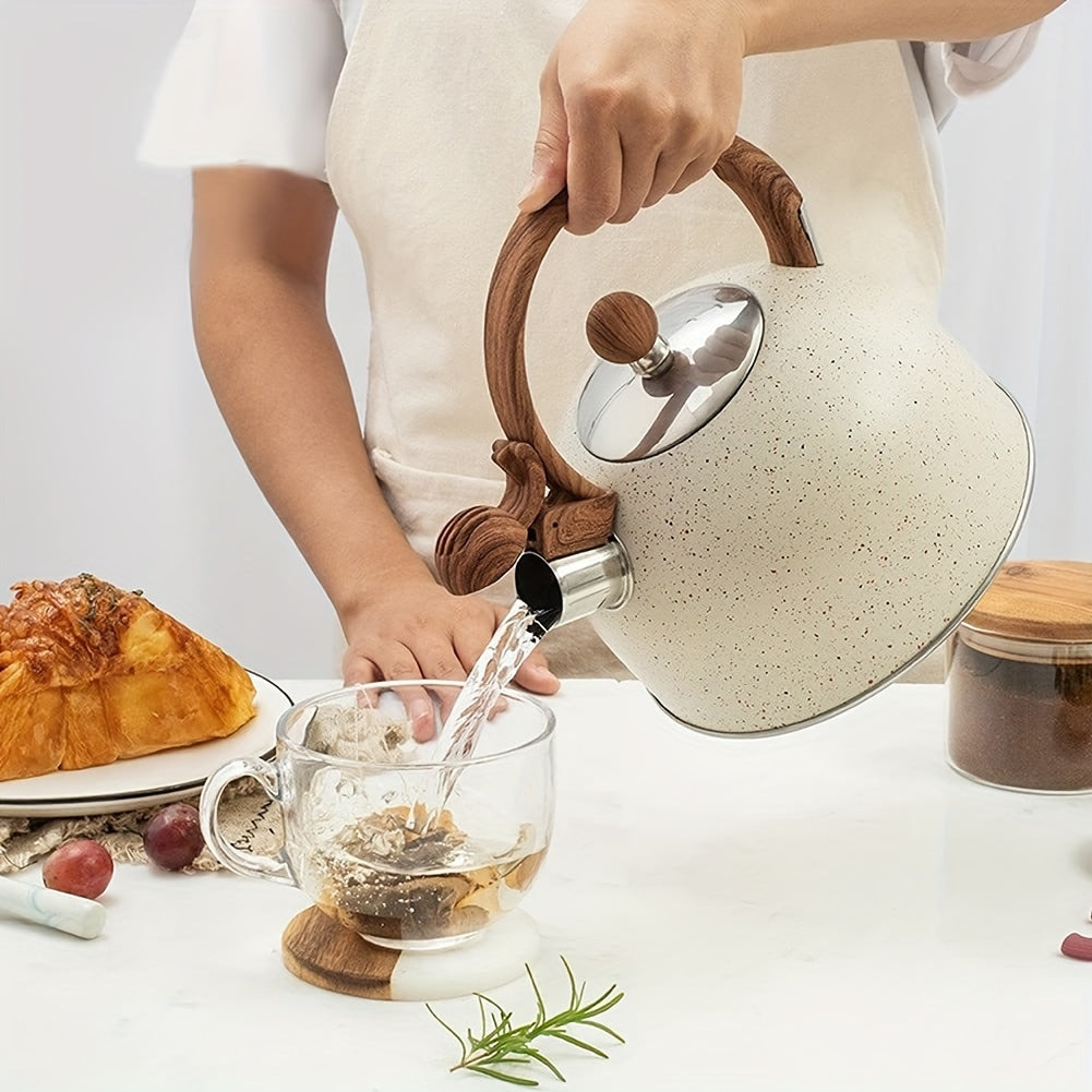 Hervidor de té de acero inoxidable de 2.5L con silbido, acabado en piedra y asa de madera