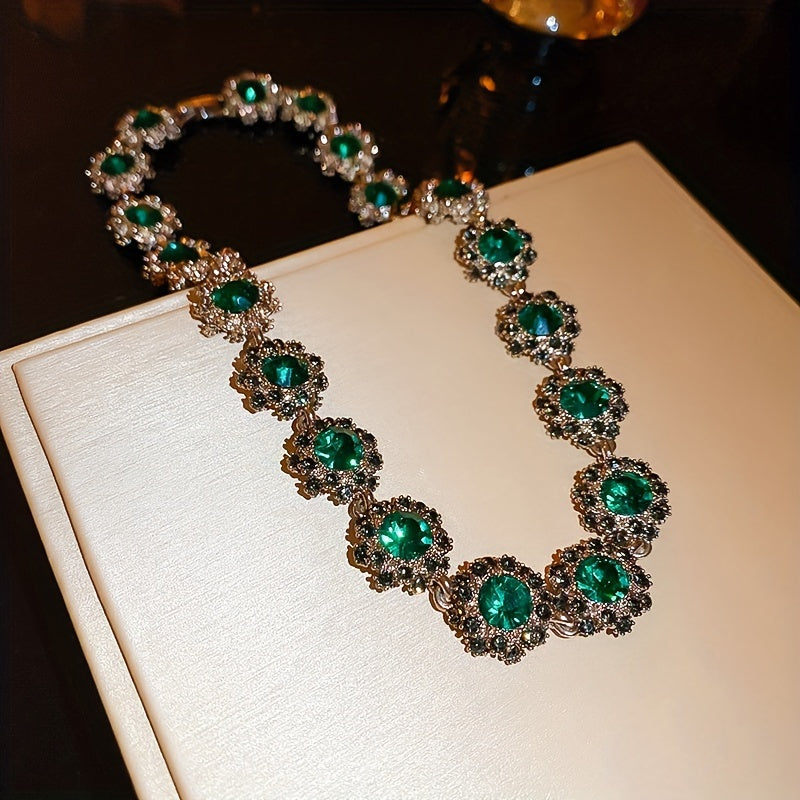 Women’s Jewelry Set with Green Rhinestones Necklace Bracelet Earrings for Special Occasions