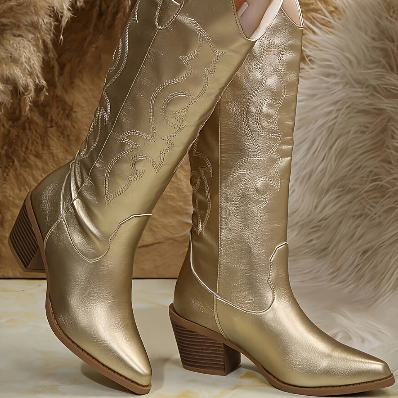 Women's Vintage Western Cowboy Boots Metallic Gold Embroidered Floral