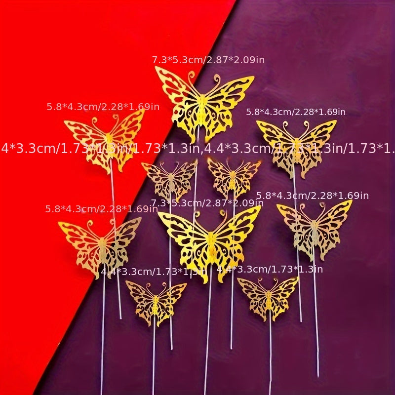 Set of 10 Gold and Silver Butterfly Cake Toppers Hollow Wall Stickers 3D Decorations