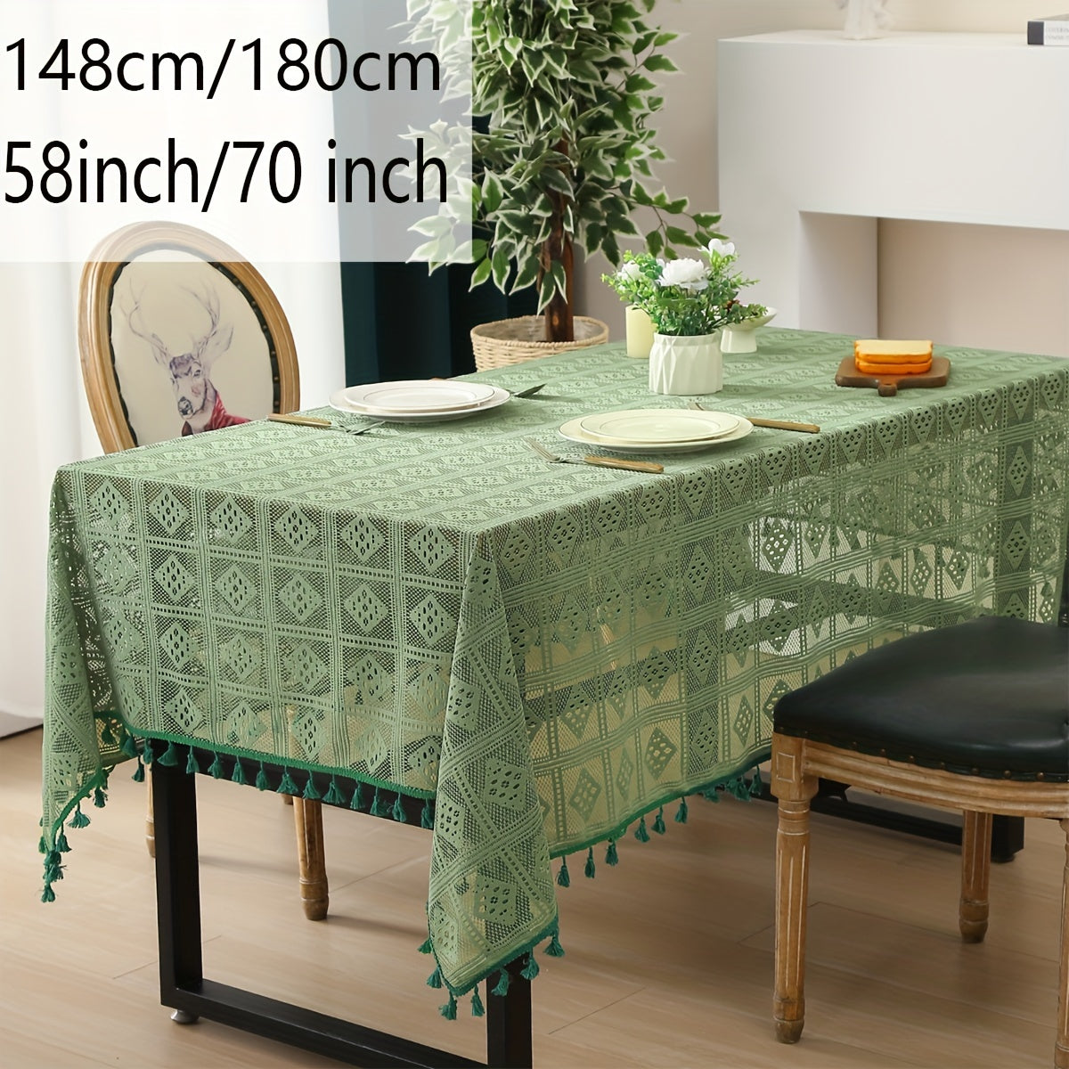 Beige Crochet Tablecloth with Tassels for Home and Party Table Settings