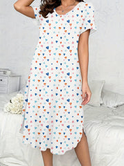 Women's Cotton Long Heart Print Casual Maxi Sleep Dress