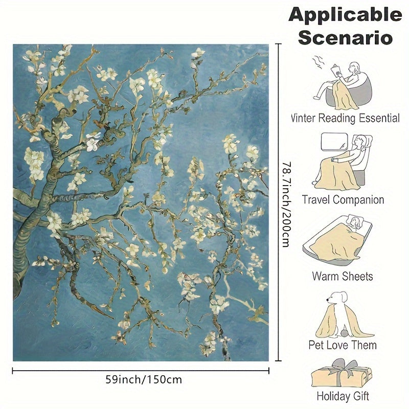 Almond Blossom Pattern Flannel Blanket Soft Warm All Seasons for Couch Bed Travel