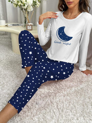 Women's Starry Print Pajama Set Long Sleeve Crew Neck Top Elastic Waist Pants Sleepwear Loungewear