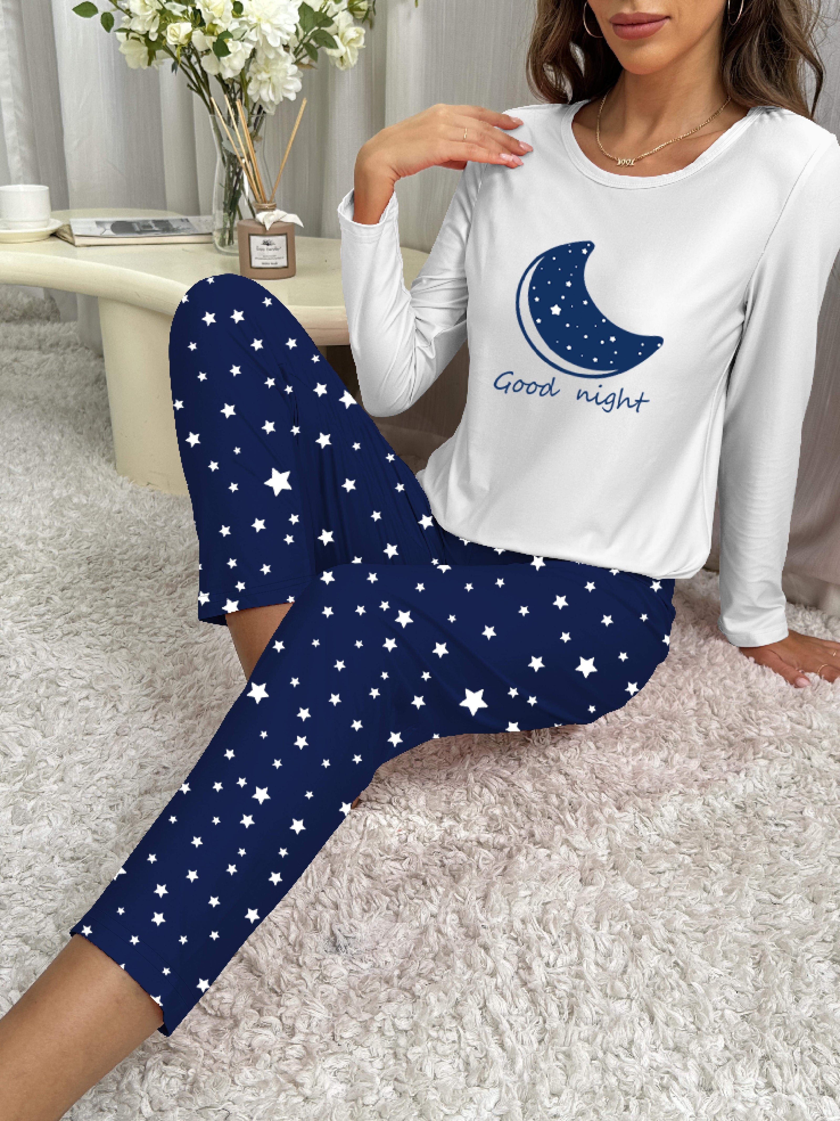 Women's Starry Print Pajama Set Long Sleeve Crew Neck Top Elastic Waist Pants Sleepwear Loungewear