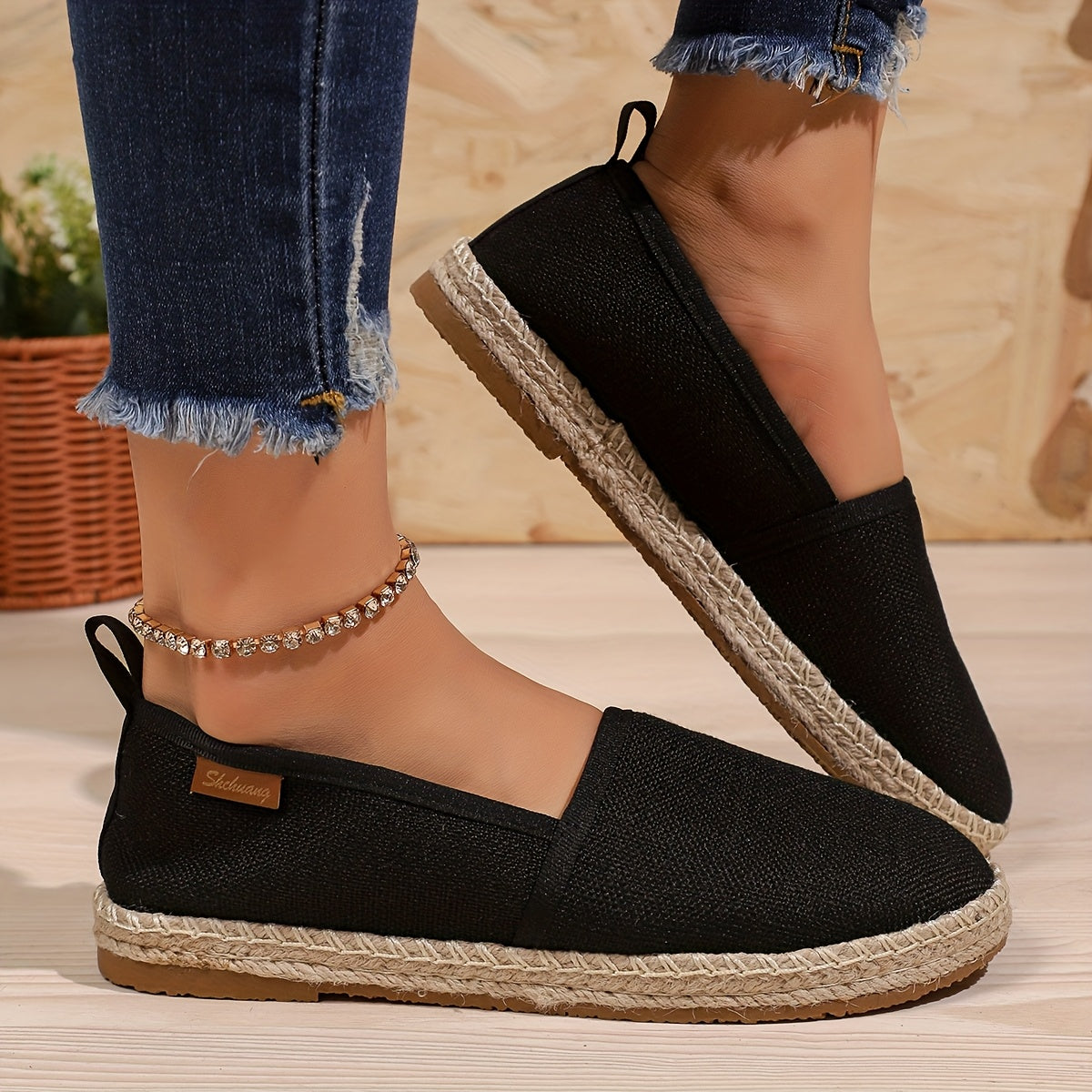 Женские туфли-слипоны на верёвочной подошве черный текстиль удобные легкие обувь