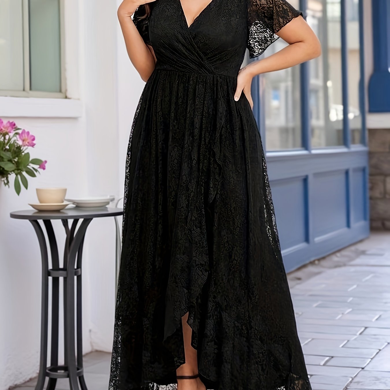 Plus Size Elegant V-Neck Mermaid Dress with Ruffle, Lace Overlay Evening Gown