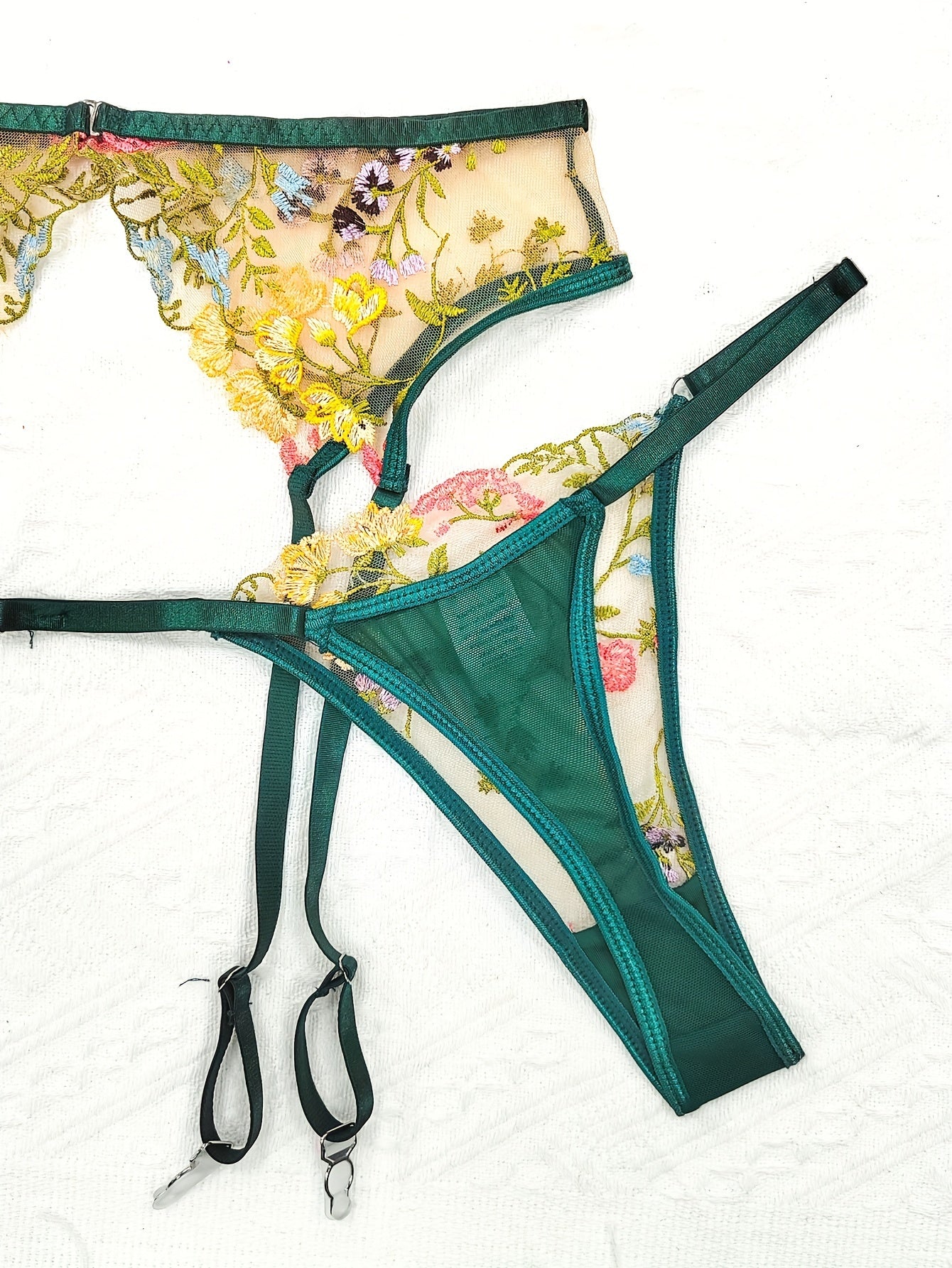 Women's Floral Embroidery Lingerie Set with Semi-Sheer Fabric Bra Garter Belt Thong
