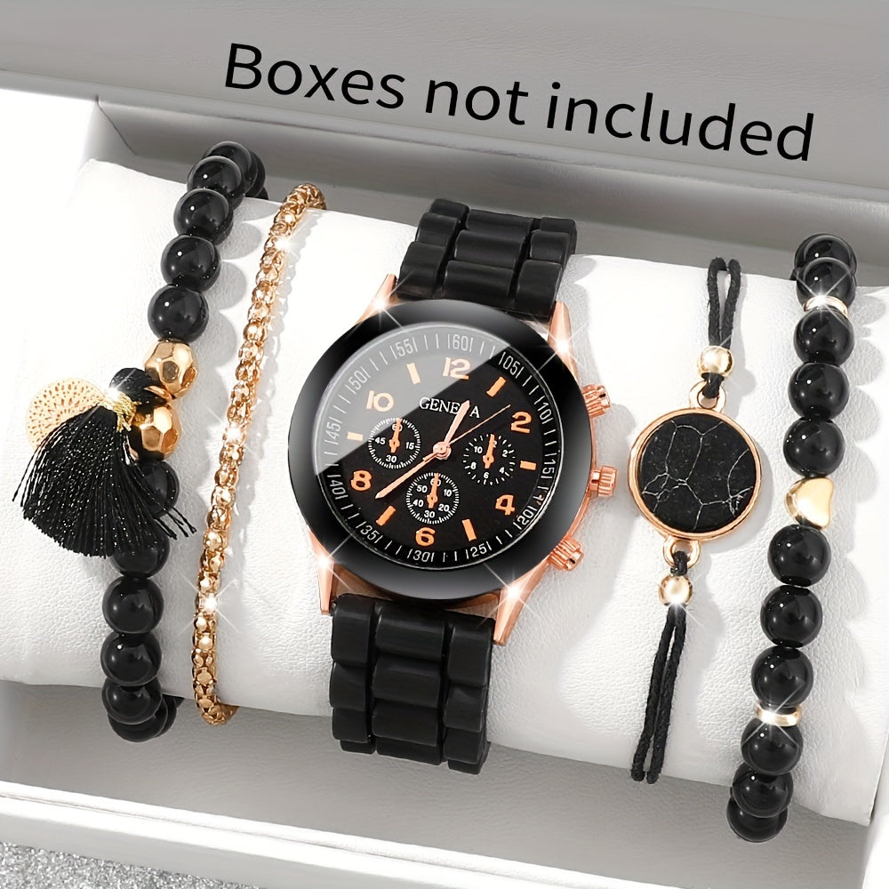 Set of 5 Women's Quartz Watches with Silicone Straps and Bracelets for Gift