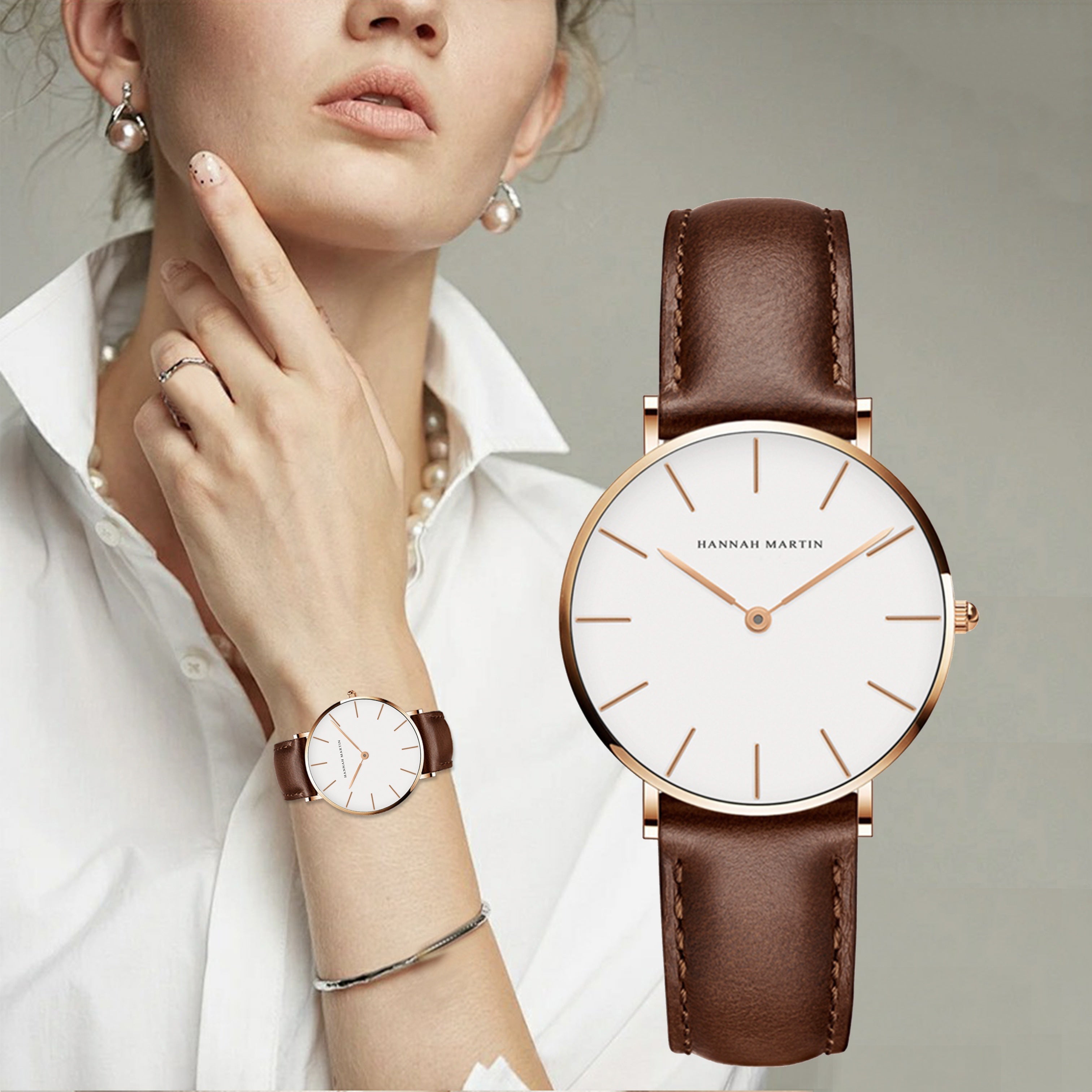 Ayollar uchun minimalistik moda soati, soat va daqiqa qoʻllari bilan