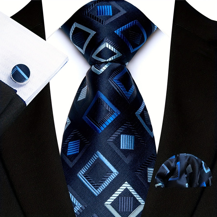 Men's Plaid Pattern Tie Pocket Scarf Cuff Set for Suits Gift