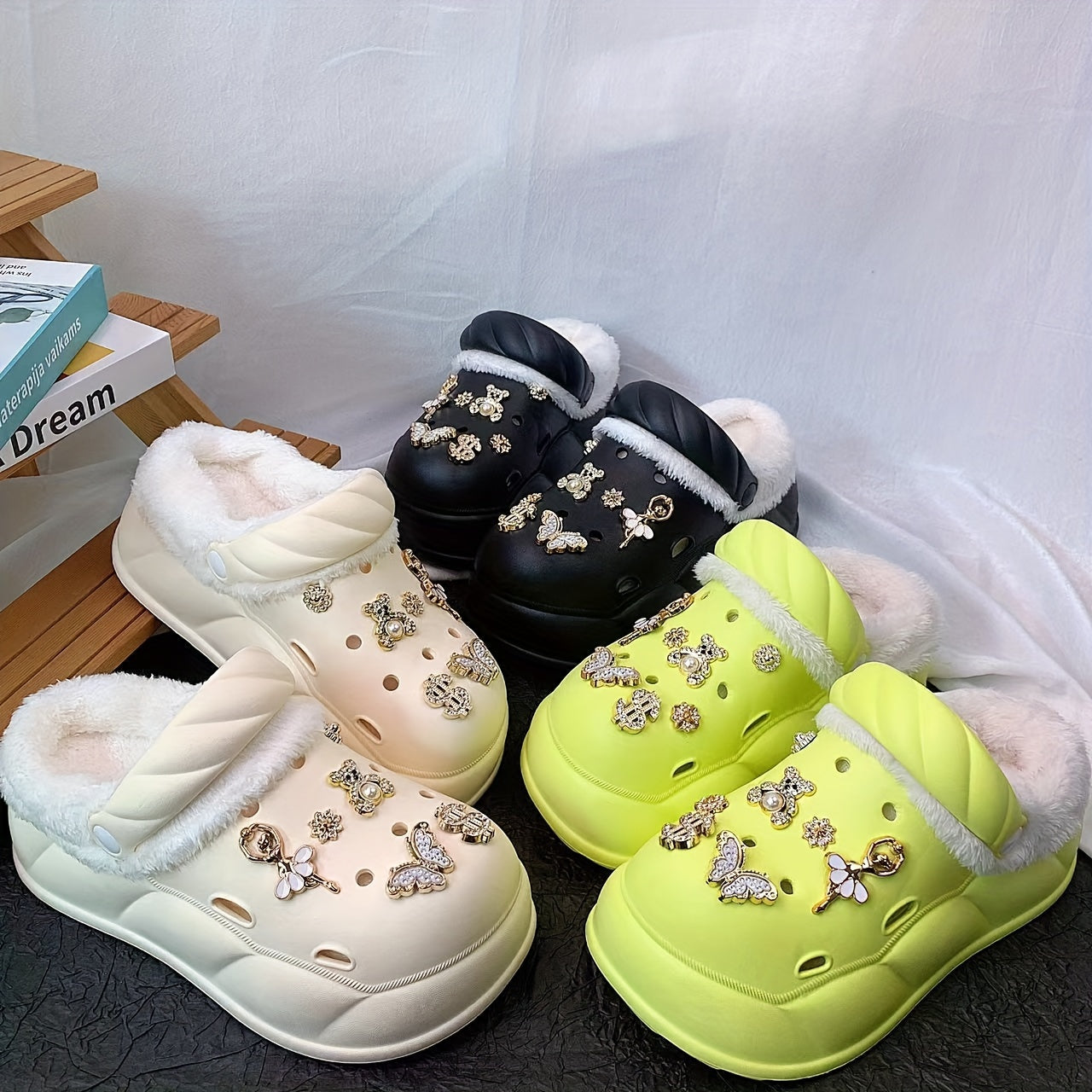 Women's EVA Clog Shoes Casual Solid Color Rhinestone Winter Slip-On