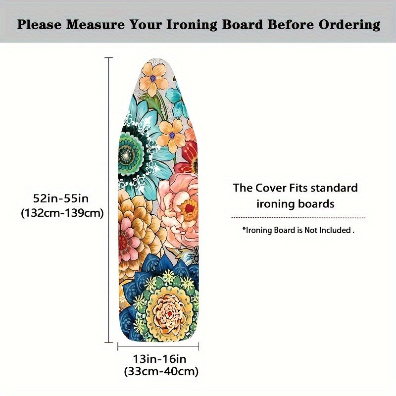 Standart o'lchamdagi Boho Mandala dazmol taxtasi qopqog'i va pad, elastik chet, issiqlikni aks ettiruvchi texnologiya, yopishqoq bo'lmagan yuzasi va dog'ga chidamli.