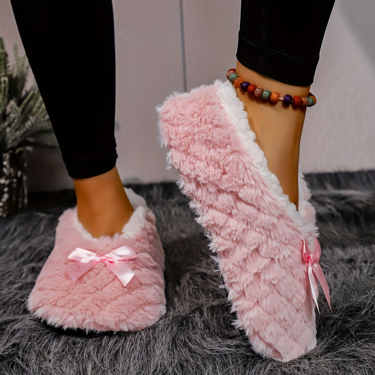 Women's Plush Rhombus Embossed Winter Slippers with Bow Pink Non-Slip Sole