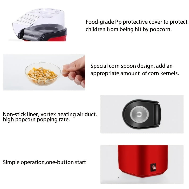 360° Isitgichli Elektr popcorn tayyorlagich, yog‘siz, oson foydalanish, uy sharoitida tayyorlangan makkajo‘xori yong‘oqchalari, qizil, kompakt
