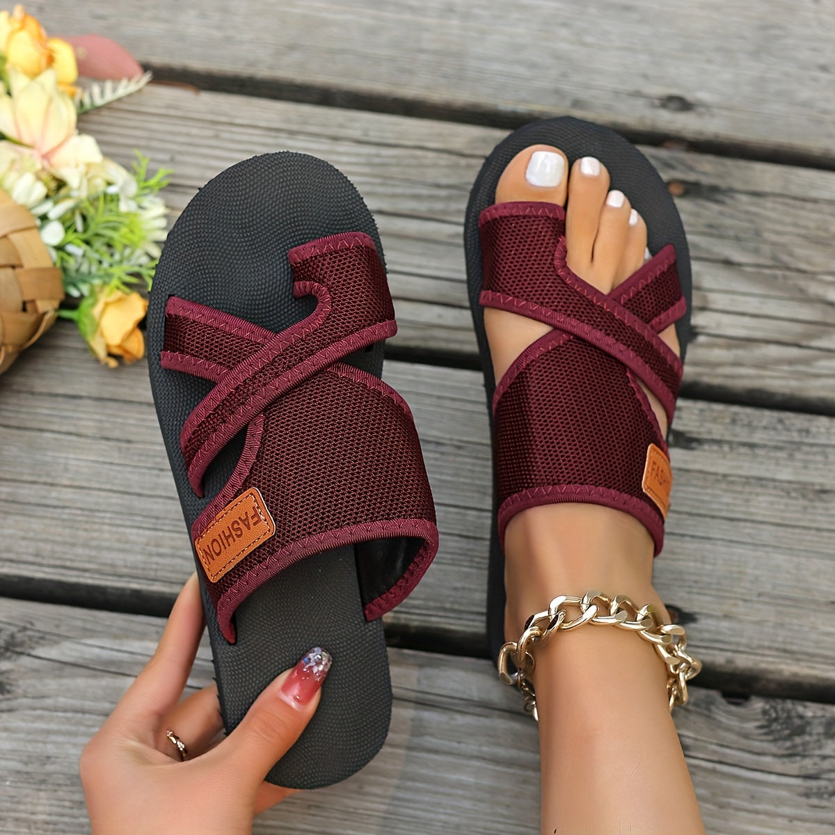 Women's Mesh Slip-On Slippers Open-Toe Flat Shoes for Summer