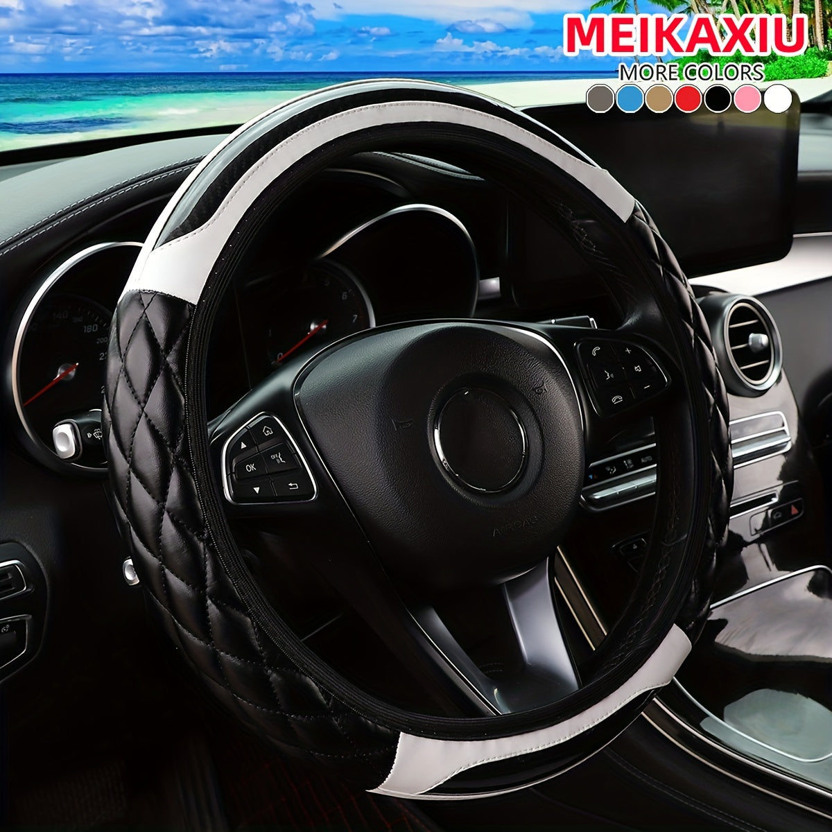3D Embroidered Crystal Carbon Fiber Faux Leather Steering Wheel Cover Universal Fit 36.83-38.1 cm for Cars in 5 Colors