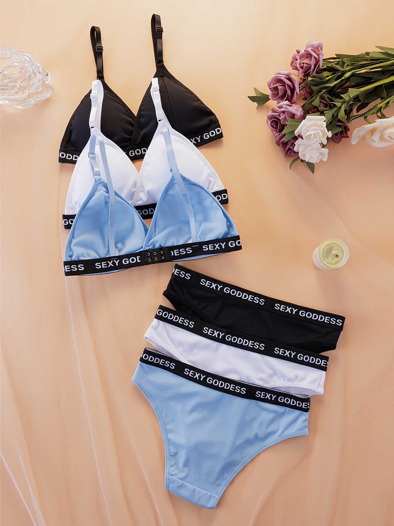 Women's Lingerie 3-Piece Letter Print Bra and Panty Set with Removable Pads