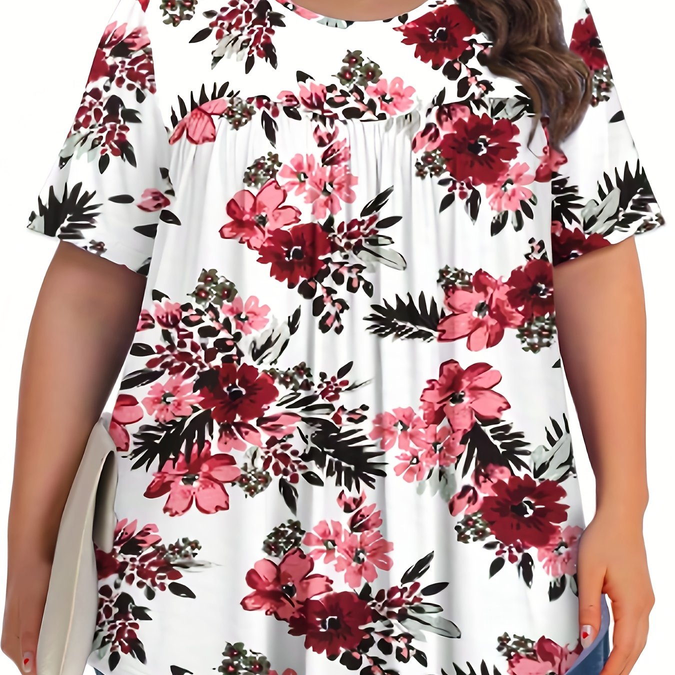Plus Size Women's Floral Print Short Sleeve T-Shirt Casual All-Season Top