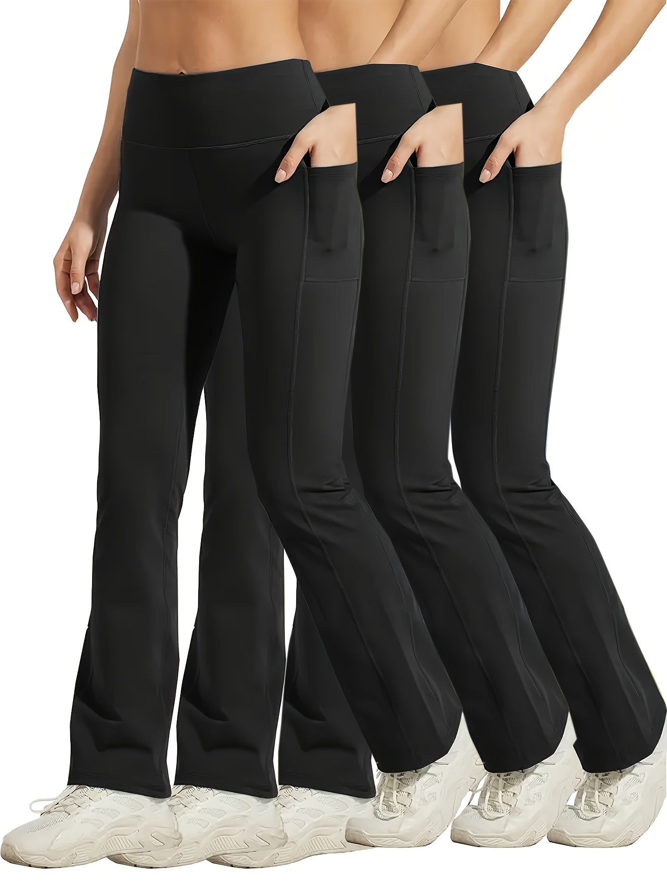 Pantalones de pierna acampanada para mujer de talla grande con bolsillos para teléfono, con control de abdomen elástico en negro, verde y azul