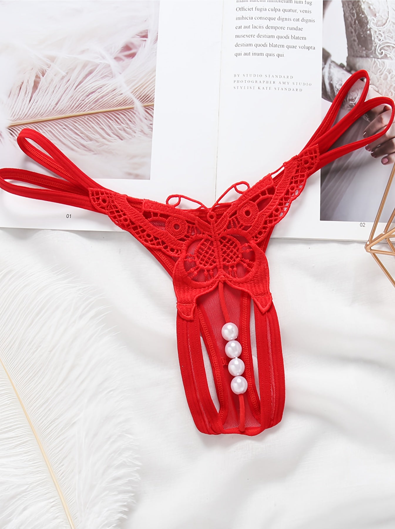 Women's Sheer Embroidered Pearl Crotchless Thong Lingerie with Animal Beading