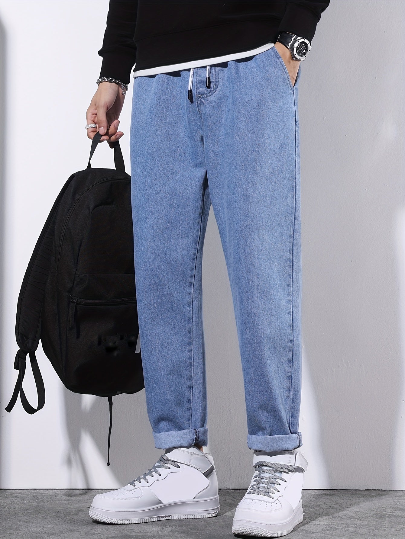 Men's Denim Pants Regular Fit Solid Wash Cotton Blend Casual Drawstring Waist