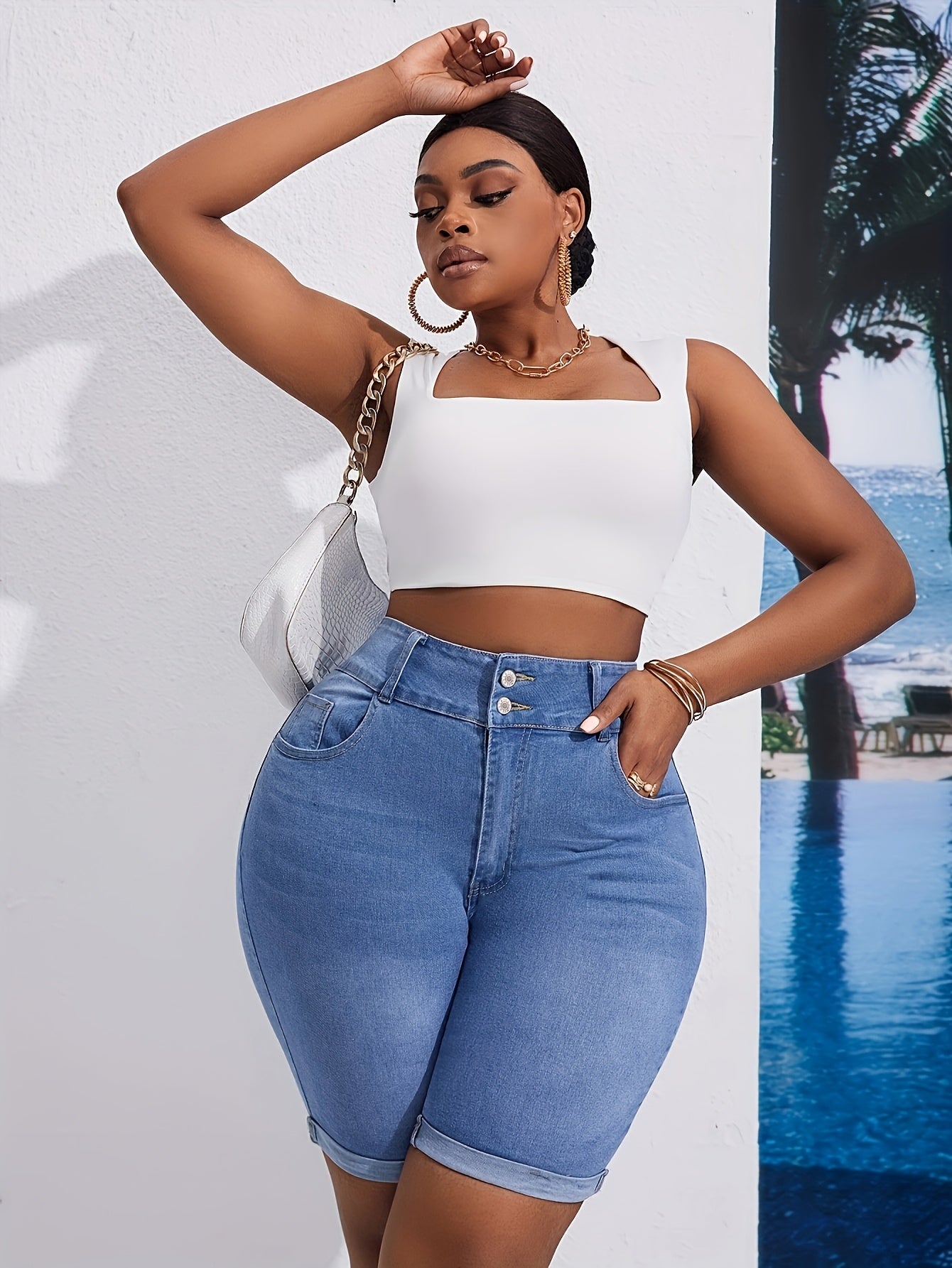 Women's High-Waist Skinny Denim Shorts Light Wash Blue Casual Summer