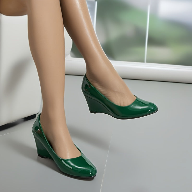 Women's Green Glossy Round Toe High Heel Pumps for Office and Formal Events