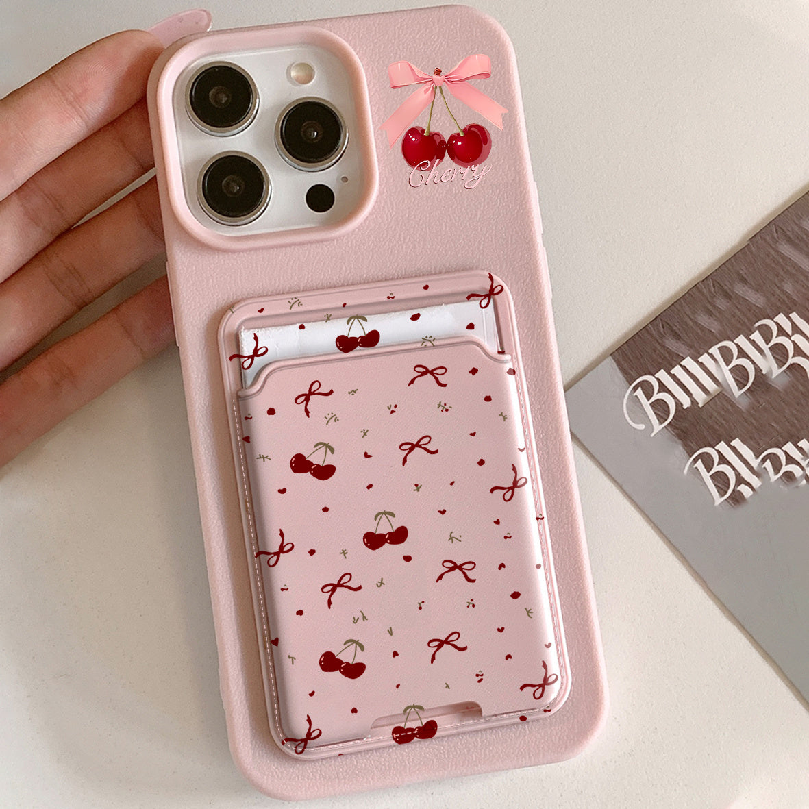 Fundas para teléfono con cerezas y lazo con tarjetero para iPhone 11 12 13 14 15 16 a prueba de golpes de TPU