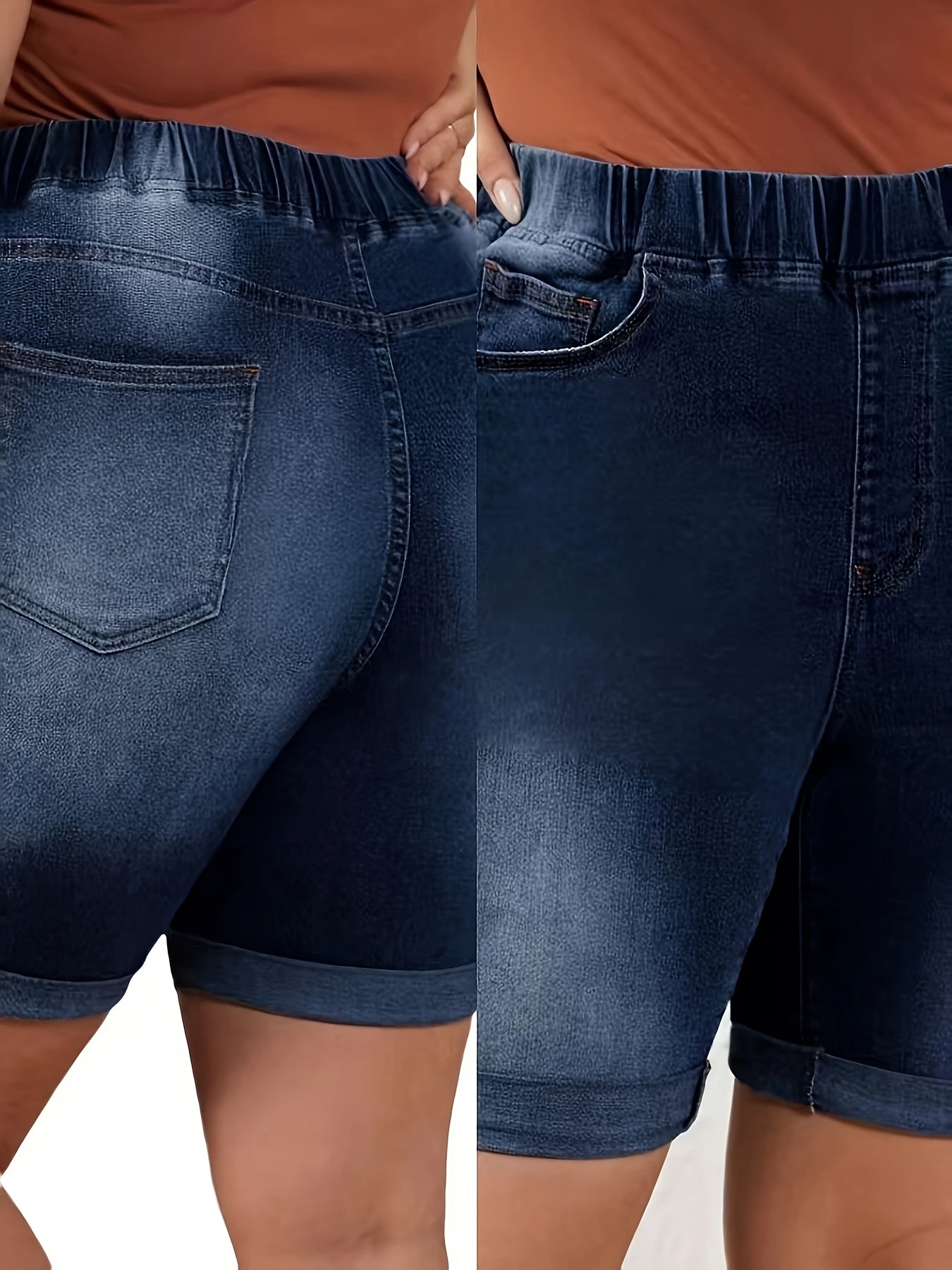 Ayollar uchun kengaytirilgan o'lchamli kengroq denim shortlar, qorong'i ko'k yuvish, o'rta balandlikdagi qovurg'a, burilgan bo'yinli qism