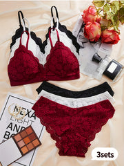 Teen Girls Floral Lace Bra and Panties Set with Triangle Cups and Shell Details