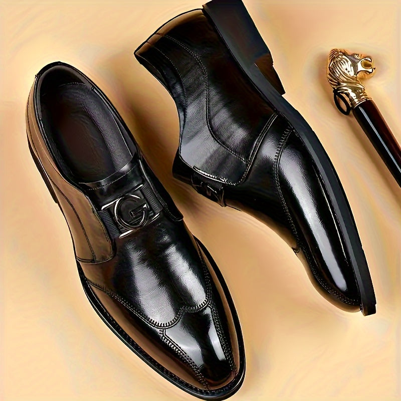 Men's Black Slip-On Dress Shoes with Wingtip Design Cushioned Insole and Non-Slip Rubber Sole