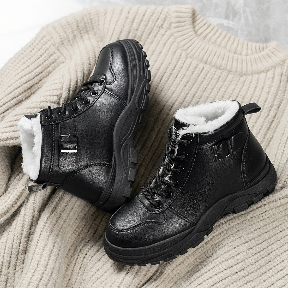 Women's Cozy Lined Ankle Boots Black Beige White High-Top Sneakers Rubber Soles